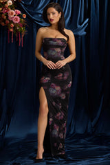 La Rochette-Bandeau Cowl-Neck Maxi Dress in Black Floral Print