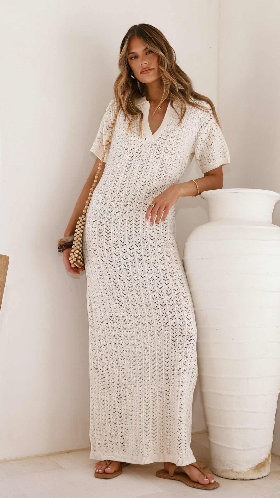 Tiffy Crochet Short Sleeve Maxi Dress - White
