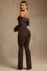 Dilnaz-Modal Off-Shoulder Ruched Jumpsuit in Chocolate Brown