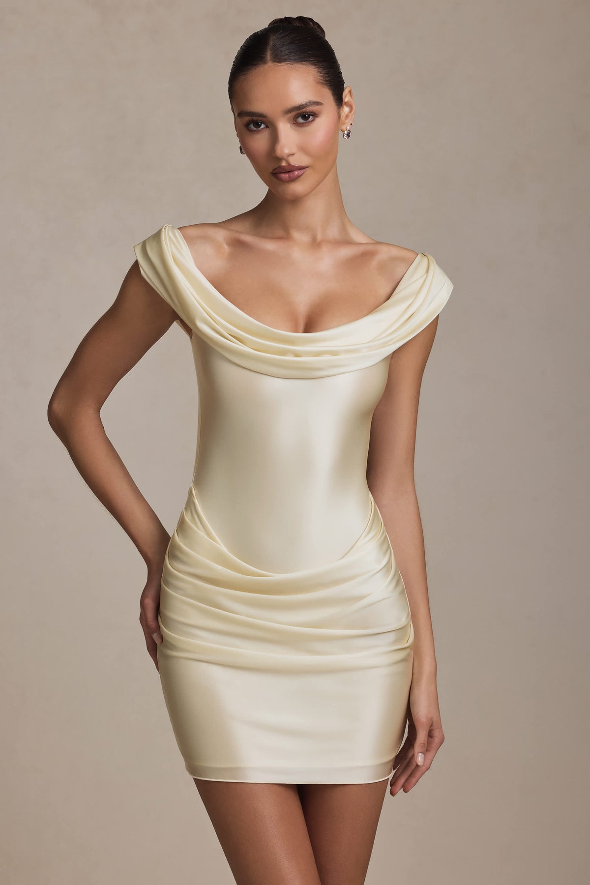 Maeve-Off-Shoulder Draped Mini Dress in Ivory