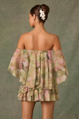 Birdie-Off-Shoulder Ruffled Mini Dress in Floral Multi Print