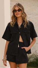 Vasila Button Up Shirt and Shorts Set - Black