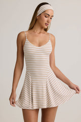 Mansi-Modal Ribbed Tie-Back A-Line Mini Dress in Pink Yellow Stripe