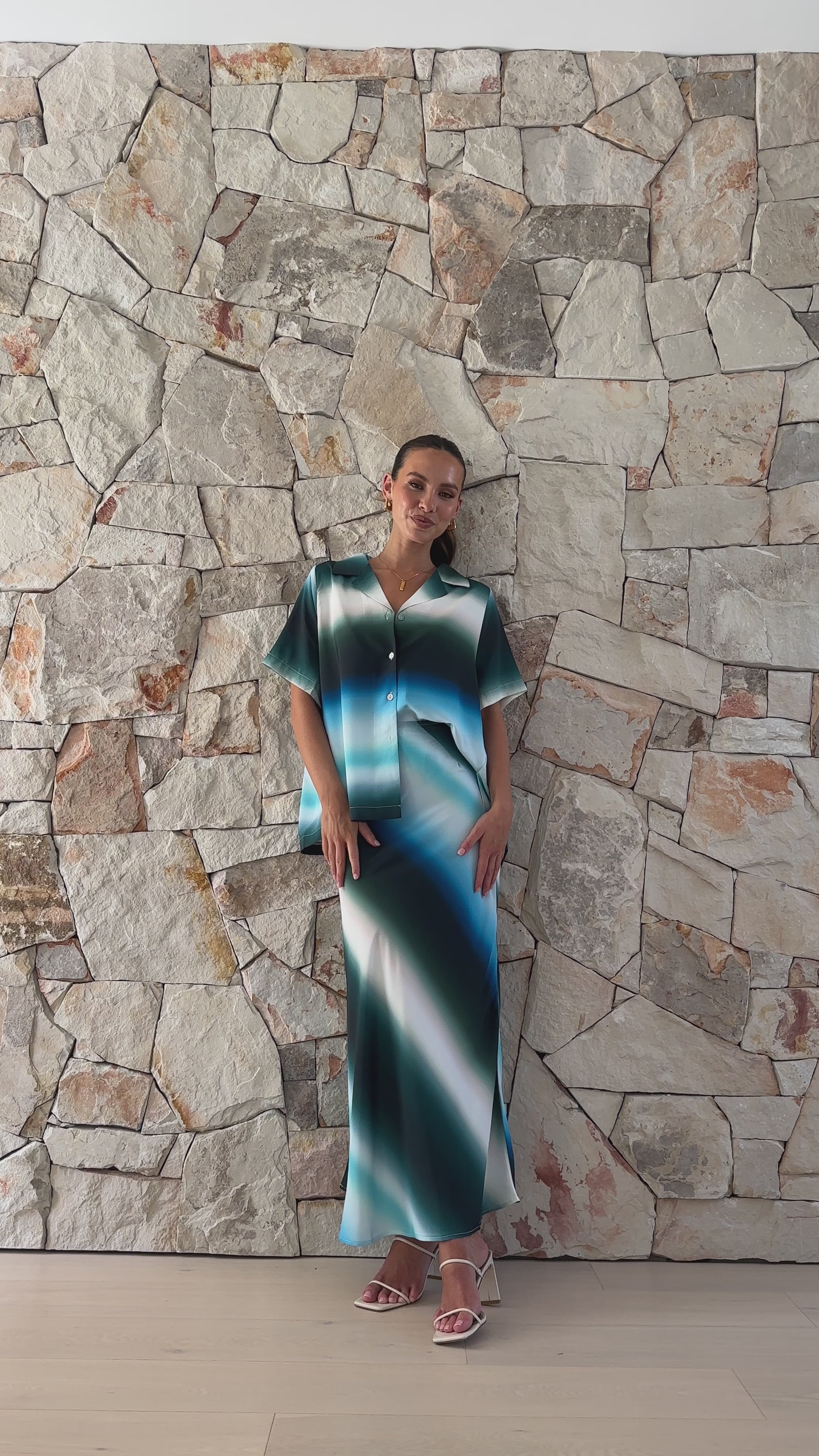 Shayla Button Up Shirt - Blue / Green Print