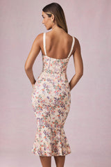 Valentina-Layered Bra-Detail Fishtail Midaxi Dress in Primrose Floral Print