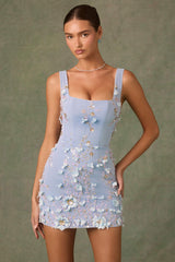 Posy-Embellished Corset Mini Dress in Sky Blue