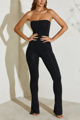 Jamila-Strapless Flared Hem Jumpsuit in Black