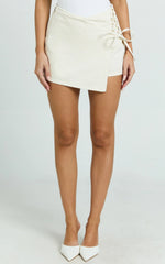 Ronnie Skort - Mid Waist Lace Up Denim Skort in Ecru