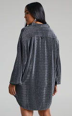 Ruri Mini Dress - Sparkly Oversized Shirt Dress in Black and Silver