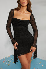 Tivoli-Long Sleeve Embellished Cowl Neck Mini Dress in Black