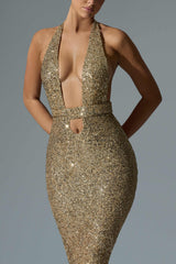 Harlyn-Embellished Cut-Out Open-Back Midaxi Dress in Gold