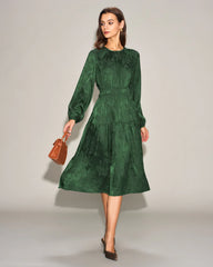 Green Jacquard Lantern Sleeve Midi Dress