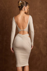 Bonne-Cut-Out Draped High-Rise Midi Skirt in Taupe