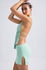 Larisa-Cut-Out Ruched Halterneck Crop Top in Pastel Green