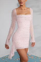 Tivoli-Long Sleeve Embellished Cowl Neck Mini Dress in Blush