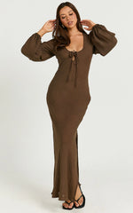 Sydney Midi Dress - Scoop Neck Long Sleeve Slip Dress in Brown