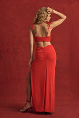 Imara-Textured Jersey Asymmetric Maxi Dress in Chilli Red