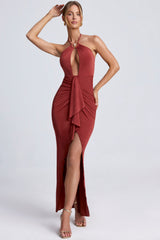 Margot-Hardware Detail Cut-Out Halterneck Maxi Dress in Auburn Brown