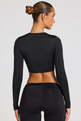 Solea-Sheer Panelled Long Sleeve Crop Top in Black