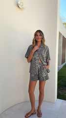 Vasila Button Up Shirt and Shorts Set - Light Leopard Print