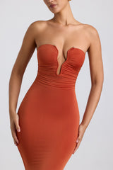 Kehlani-Slinky Jersey Hardware Detail Strapless Maxi Dress in Burnt Orange