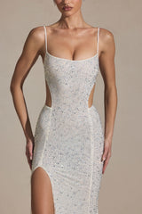 Lucienne-Embellished Cut-Out Fishtail Maxi Dress in White
