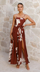 Carson Front Spilt Strapless Jumpsuit - Merlot Floral