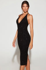Venice-Embellished Plunge Halter Neck Midaxi Dress in Black