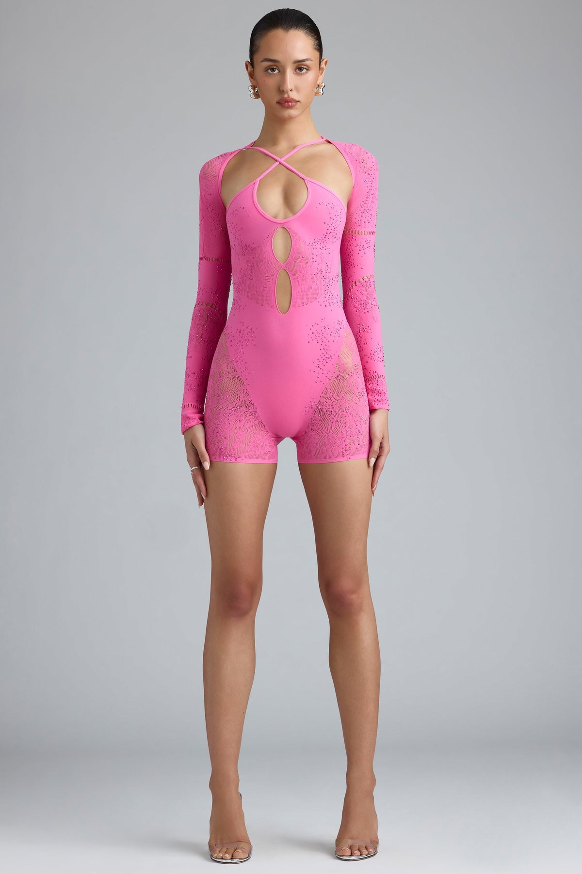 Melody-Embellished Cut-Out Unitard in Bubblegum Pink
