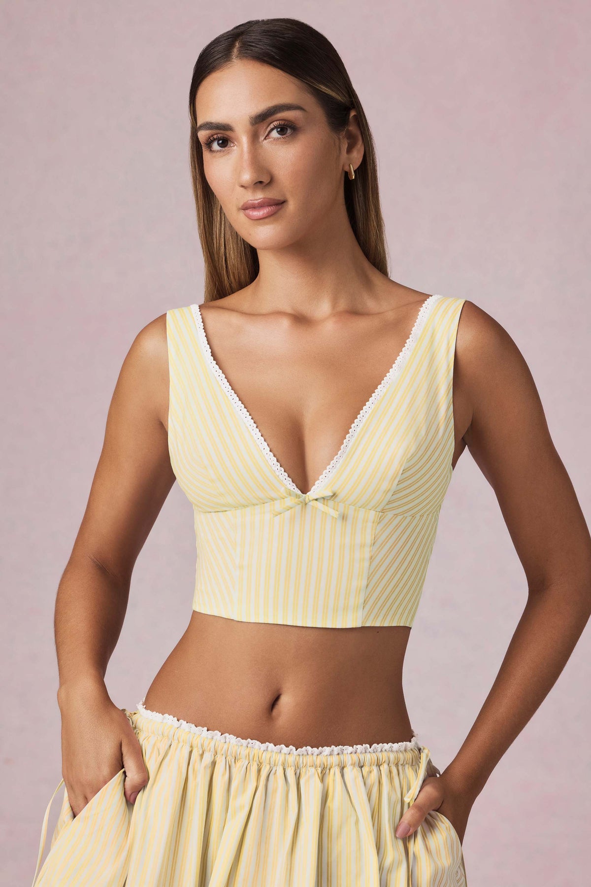 Magda-Bow-Detail Crop Top in Lemon Yellow Stripe