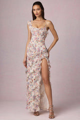 Hera-Asymmetric Ruffled Lace-Up Gown in Primrose Floral Print