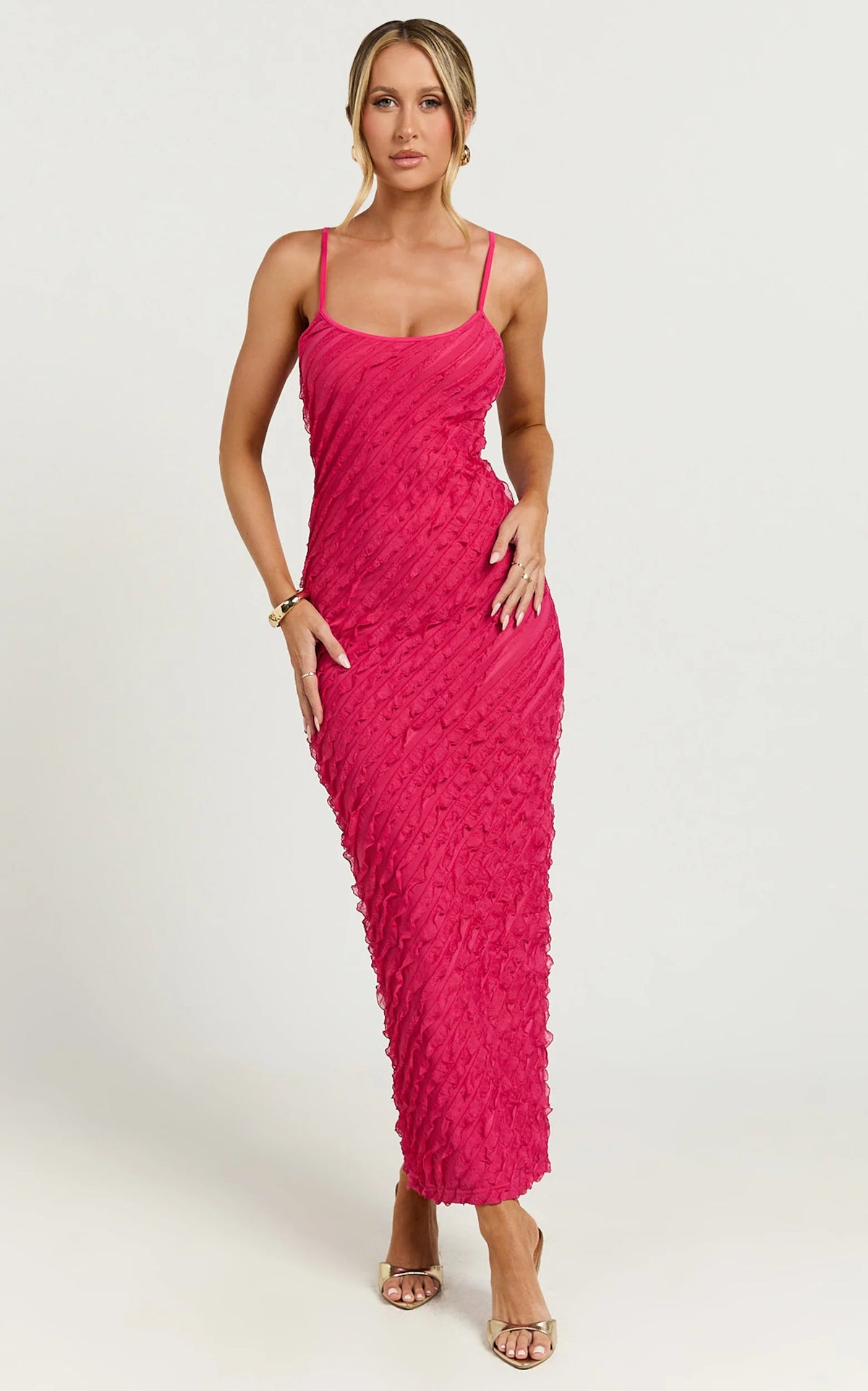 Lilibeth Midi Dress - Strappy Frill Detail Slip Dress in Pink