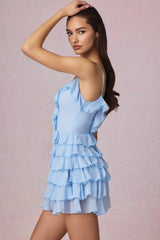 Lolina-Ruffled Lace-Up A-Line Mini Dress in Powder Blue