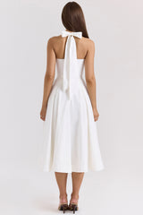 White Stretch Cotton Halter Midi Sundress