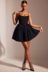 Eugenie-Embellished Corset Tulle Skirt Mini Dress in Black
