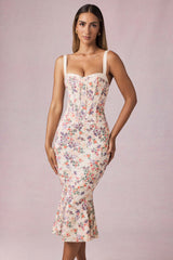 Valentina-Layered Bra-Detail Fishtail Midaxi Dress in Primrose Floral Print