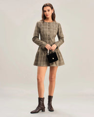 Khaki Plaid A-Line Pleated Mini Dress