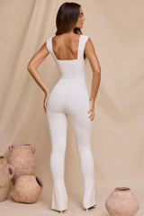 Romana-Plunge Neck Ruched Waist Jumpsuit in White