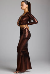 Zahra-Mid Rise Metallic Jersey Gown Skirt in Copper Bronze