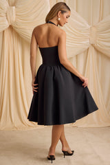 Angelina-Halterneck Bow-Detail Midi Dress in Black