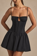 Dorothea-Pintucked Shirred Mini Dress in Black
