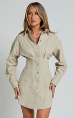 Sofia Mini Dress - Button Through Long Sleeve Dress in Stone