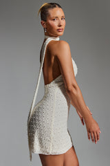 Henrietta-Embellished Scarf-Detail Halterneck Mini Dress in White