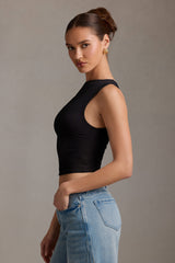 Kirbie-Asymmetric Ruched Tank Top in Black