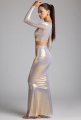 Zahra-Mid Rise Metallic Jersey Gown Skirt in Light Gold