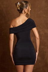 Jinnie-Off-Shoulder Draped Mini Dress in Black