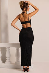Monte Carlo-Embellished Cowl Neck Maxi Dress in Black