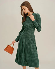 Green Polka Dot A-Line Midi Dress