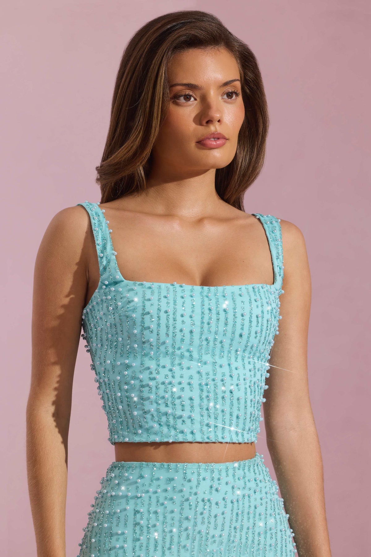 Lirael-Embellished Square-Neck Crop Top in Aqua Blue