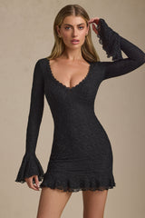Nara-Long-Sleeve Ruffled Lace Mini Dress in Black